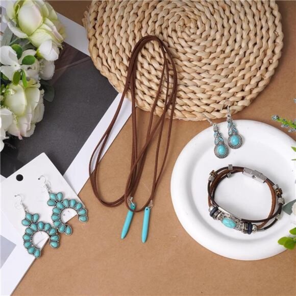 4 PCS Western Turquoise Set Necklace, Dangle Earrings, Stackable Bracelet Boho - Picture 6 of 7